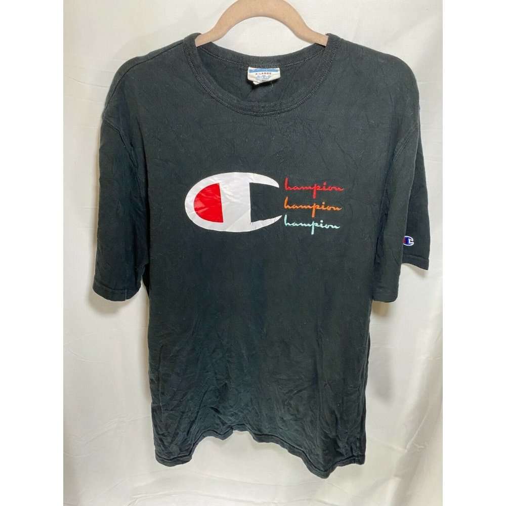 Vintage Champion Shirt Adult Extra Large Black Logo Pullover Tee‎ Mens. - Picture 1 of 9